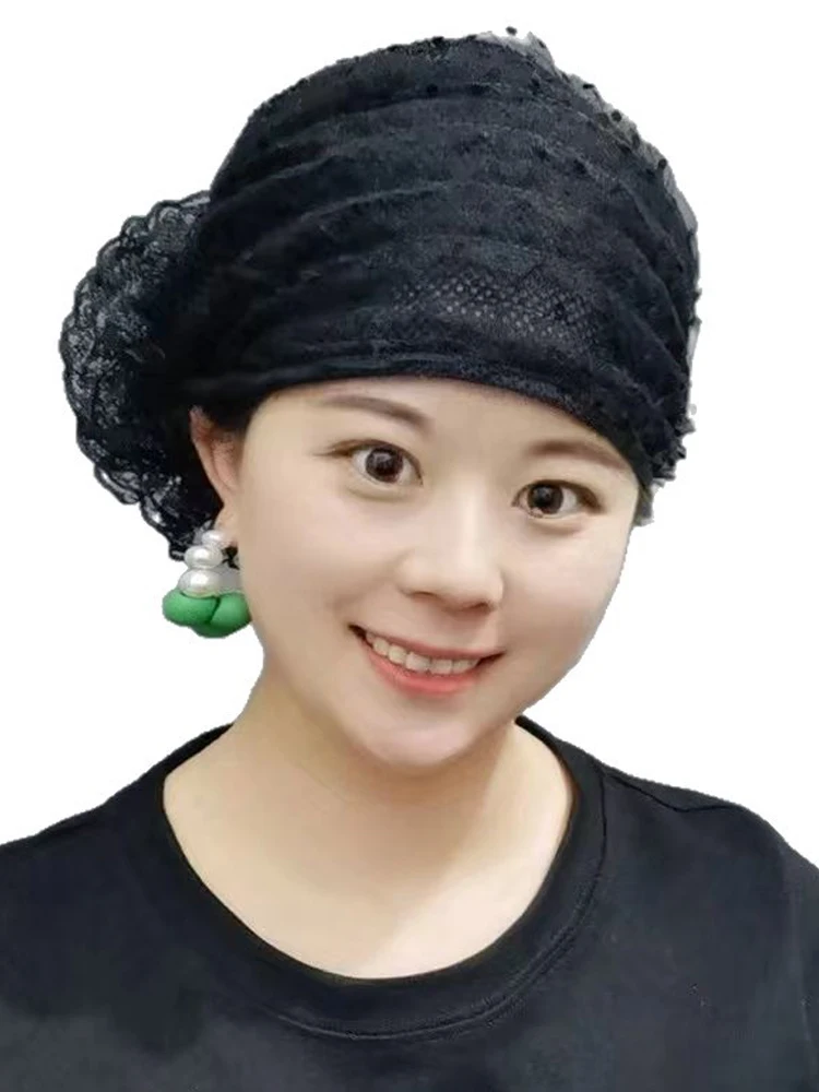 Polka Dot Lace Cap Underscarf Flower Turban Breathable Hat Women Headscarf Muslim Hijab Bonnet Beanies Undercap Head Cover Scarf
