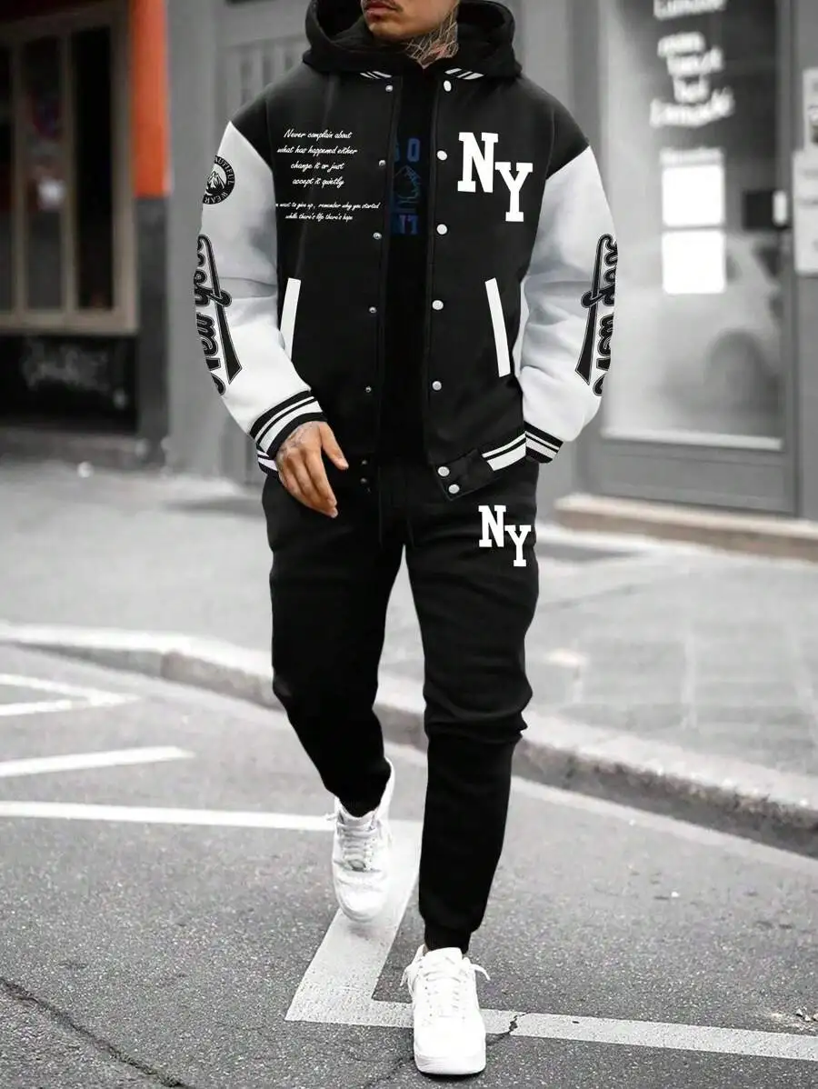 Men's 2-Piece Casual Contrast Color Baseball Jacket & Jogger Set with Graphic Print