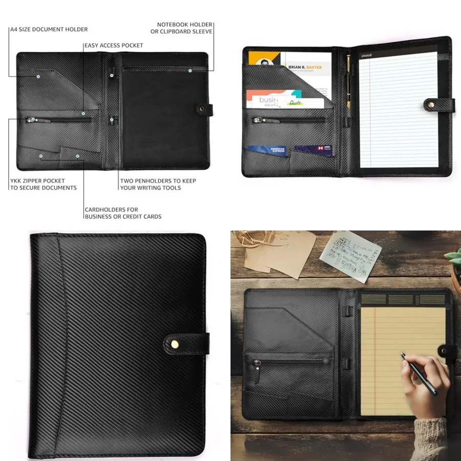 

Portfolio Professional Organizer Carbon Fiber Genuine Leather Padfolio Resume Folder for A4 Letter Pad with Pen Holder, Busines
