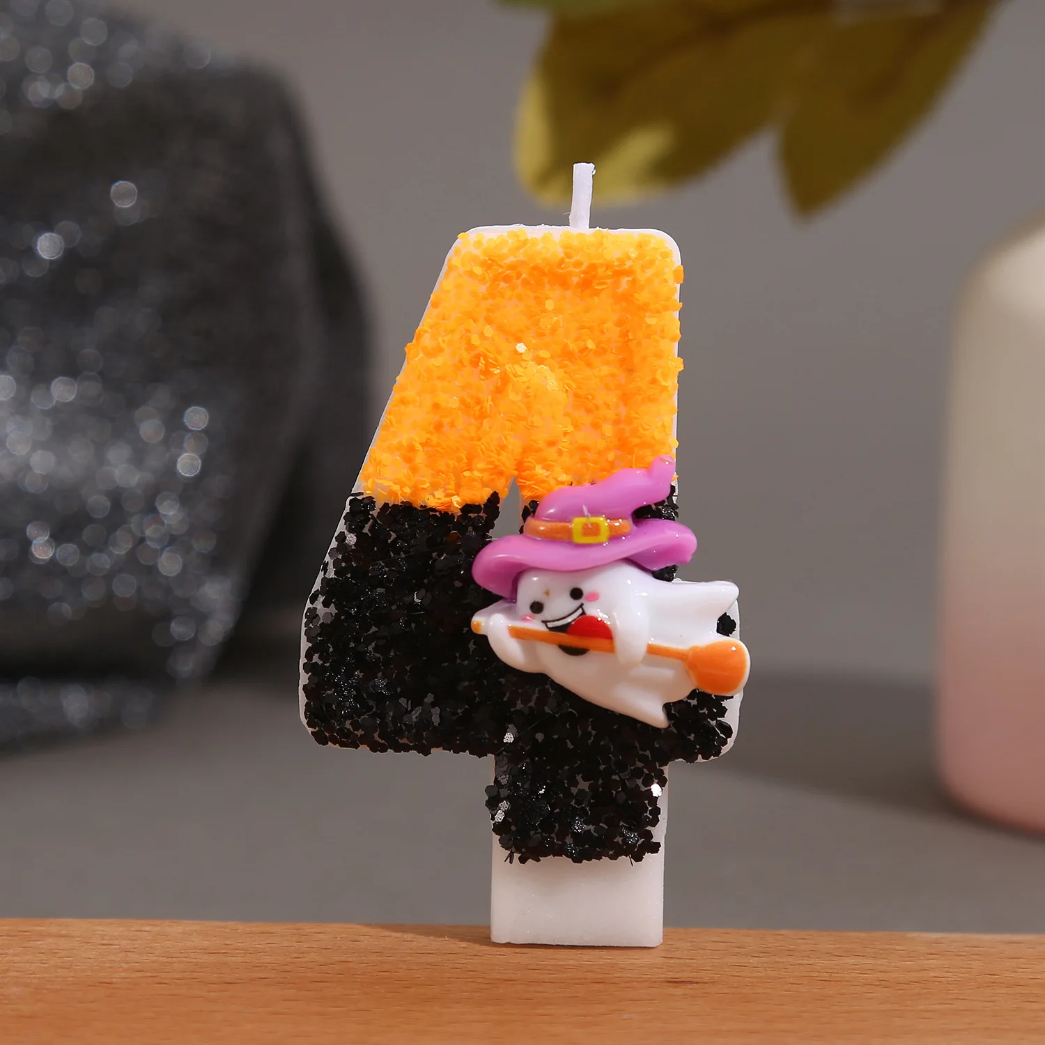 Yellow Black Sequined Birthday Candles, Cartoon Cute Ghost 0-9 Number Candles. Dessert Cake Plugin. Festive Party  Decoration