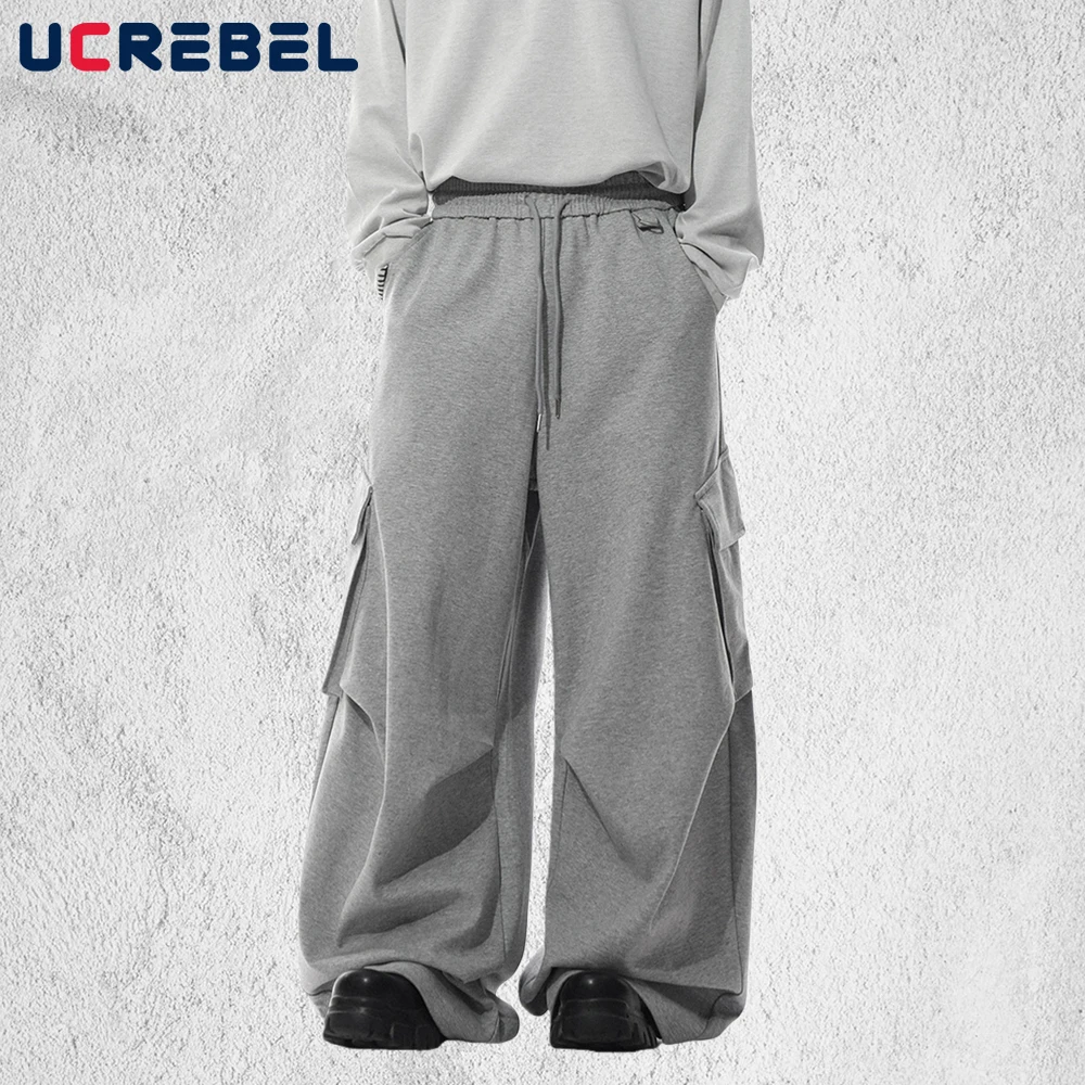 

Big Pocket Sweatpants Mens Pleated Retro Streetwear Elastic Waist Baggy Drawstring Wide Leg Pants Man