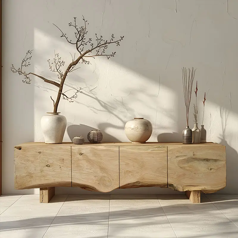

2 meters 55 long wabi sand wind pure solid wood large TV cabinet household living room side cabinet audio-visual background wall