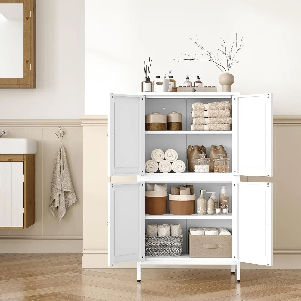 

White Storage Cabinet with 4 Doors and 2 Adjustable Shelves,Narrow Food Pantry Cabinet with Leg,24 inch Wide Bathroom Cabinets