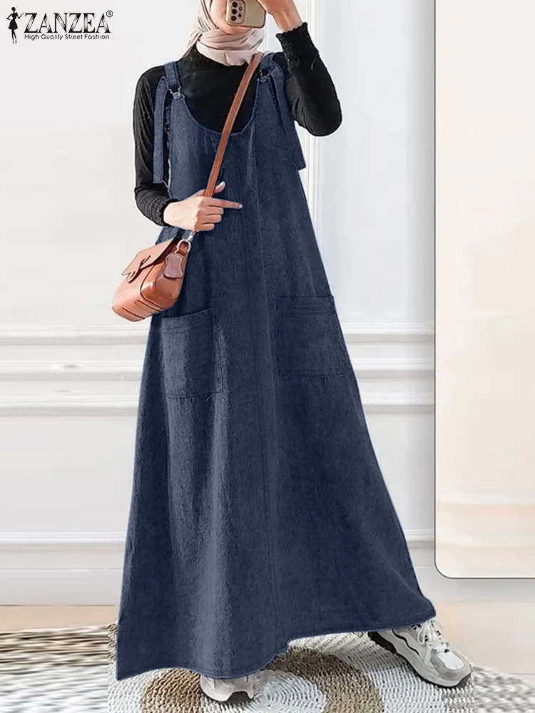 ZANZEA Muslim Islamic Hijab U-Neck A-line Vestidos Sleeveless Casual Front Pockets Denim Suspender Dress Women Straps Maxi Dress