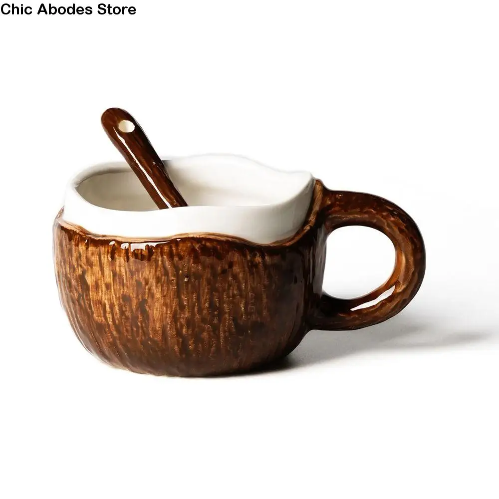 

Unique Hand-Held Coconut Ceramic Mug INS with Spoon Creative Coffee Cup Heat-resistant Irregular Coconut Shape Drinkware Office