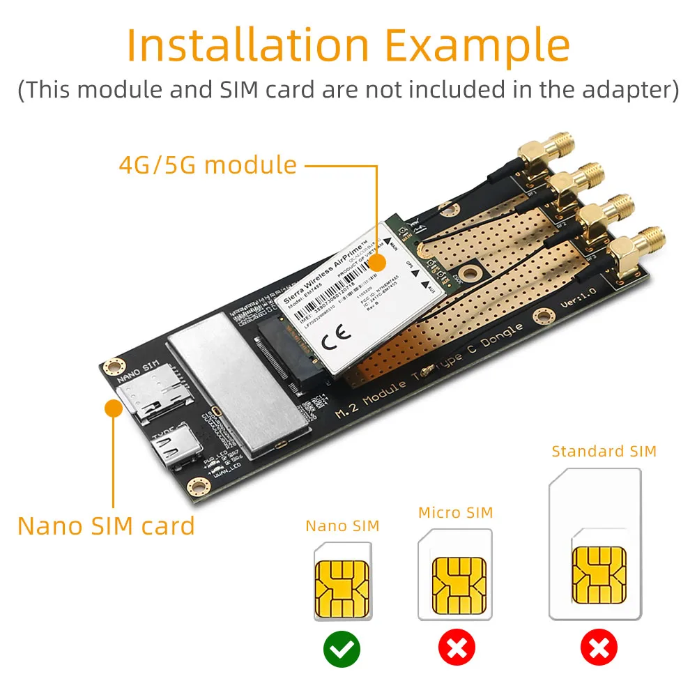 Network Adapter 3G/4G/5G Module to Type C/USB 3.0 Adapter with NANO SIM Card Slot for RM500Q RM500U GM800 SIM8200 with 4 Antenna