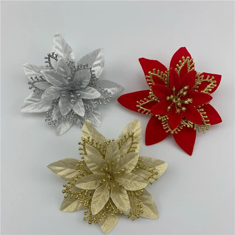 

Pack of 10 13cm Gold and Silver Artificial Christmas Flowers New Year Home Decoration Fake Flowers Christmas Tree Decoration