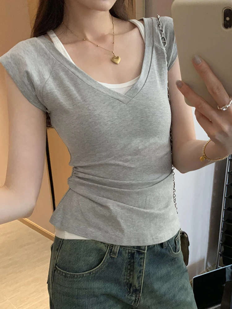 Katoen Korte Mouw T-shirt Vrouwen V-hals Tees Casual Witte T-shirts Basic Tops Koreaanse Vrouw Kleding Zomer Ropa De Mujer 2025