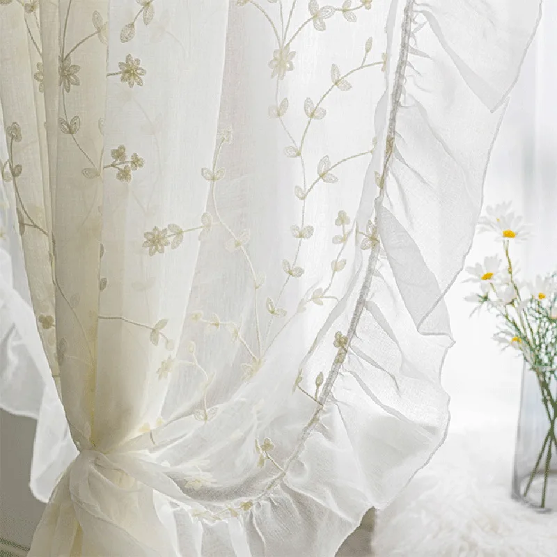 White Sheer Embroidered Flowers Tulle Curtains French Elegant Ruffle Design Linen Breathable Window Curtains for Living Rooms