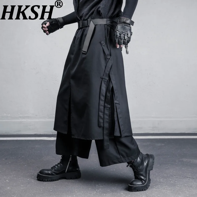 

HKSH Spring Man Dark Tide Драпированный двухслойный дизайн Воин Широкая юбка Брюки Японский эластичный пояс High Street Punk HK8005