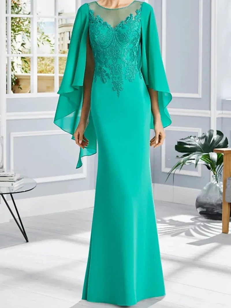 Elegant Long Mother Of The Bride Dresses Cape Sleeves Lace Appliques Floor Length Women Wedding Party Gown Godmother Formal Wear