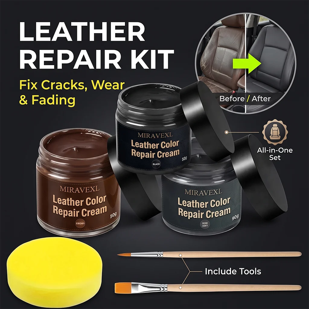 Leather Repair Cream Scratch Filler Recolor Balm for Car Seat Sofa Shoes Jackets Boots Furniture with Brush Sponge, 3 Colors