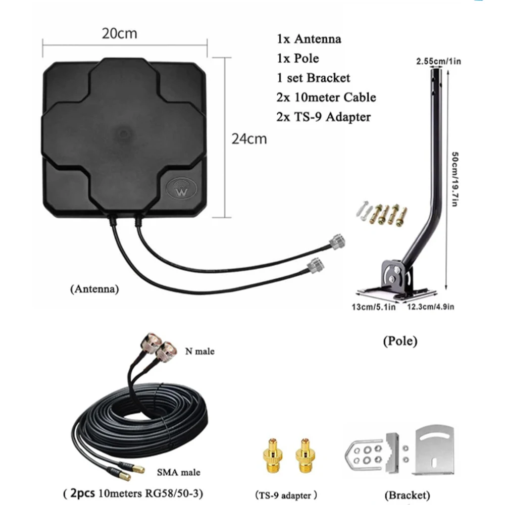 Outdoor Directional 4G LTE 2x2 MIMO Panel Antenna Kit SMA TS9 Cellular Antenna for 4G LTE Modem Hotspot Support All Carrier AT&T