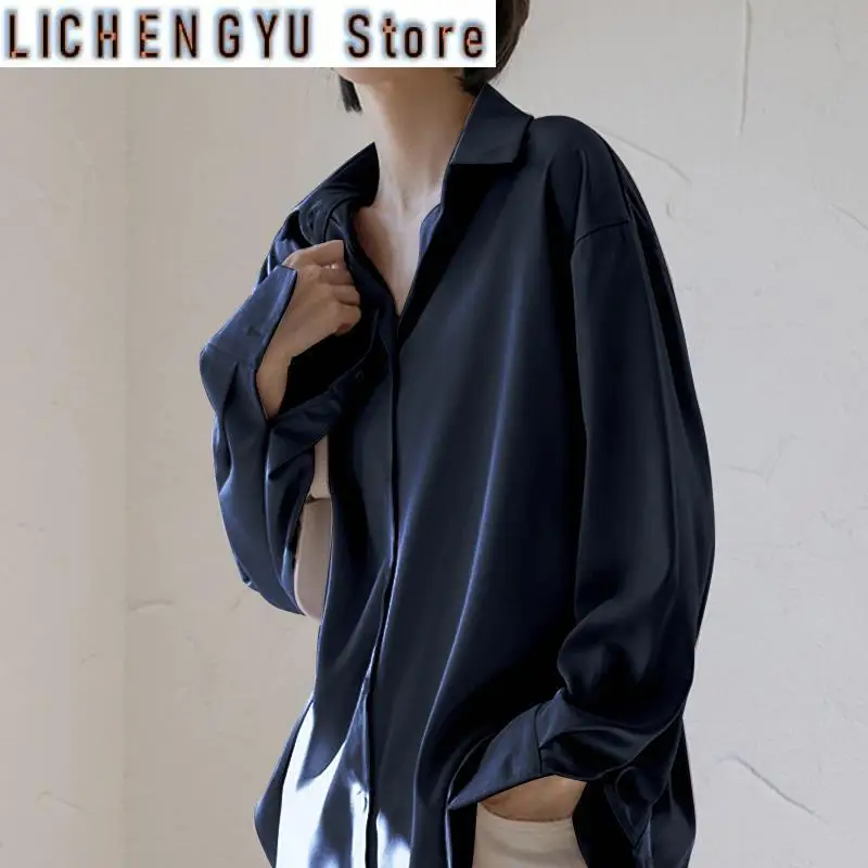

Elegant Solid Color Button Loose Satin Shirt Women's Clothing Autumn New Oversized Casual Tops All-match Office Lady Blouse