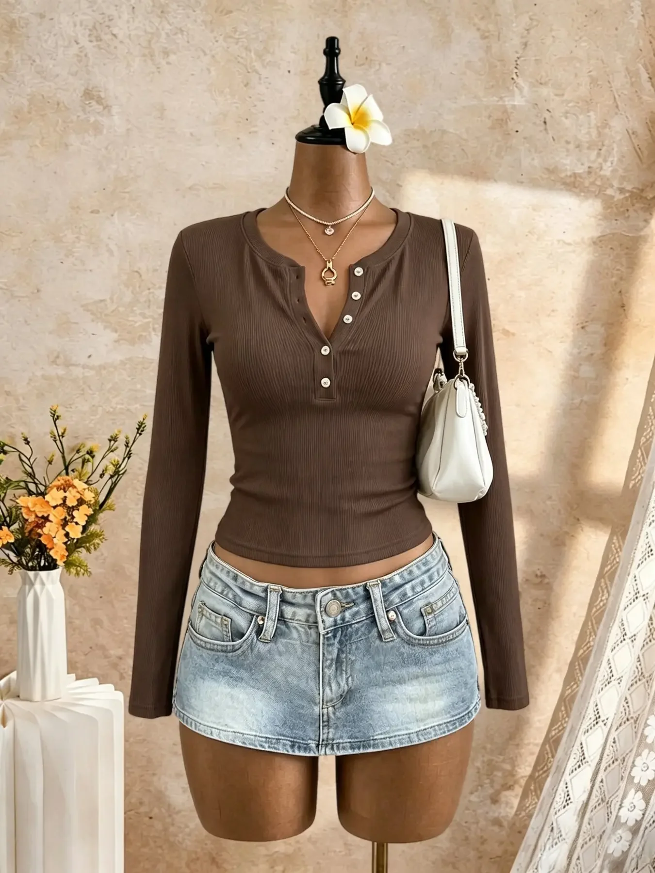 Women Slim Fit Henley Neck Long Sleeve Tee Ribbed Texture Button Front Daily Casual Tops