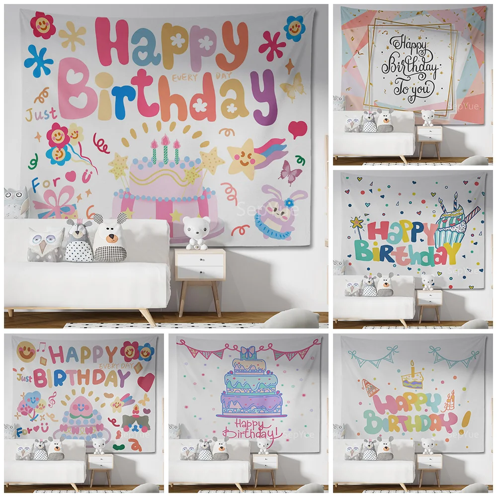 

Happy Birthday Background Tapestry Cloth Kawaii Children's Room Wall Hanging Decoration Dormitory Cartoons Home Party Decor