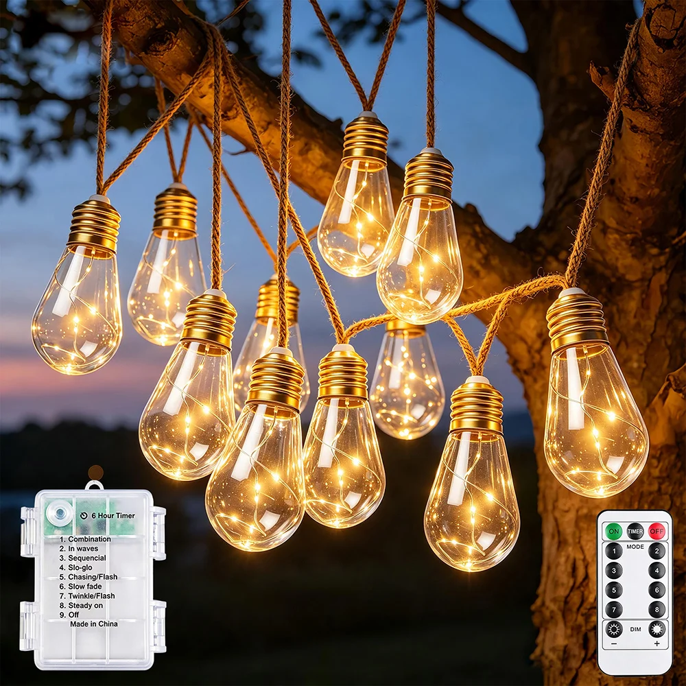 Dimmable 10 16 Bulbs G40 LED Hemp Rope String Light Waterproof Outdoor Patio Lights 8 Modes 13 Key Remote Kit USB Battery Power