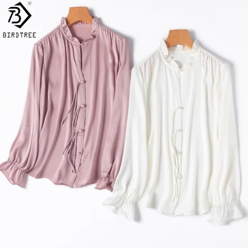 

Birdtree 93% шелк, 7% спандекс, однотонная рубашка, женская эластичная атласная блузка с рукавами в виде листьев лотоса и воротником-стойкой, новинка 2025 года T57818JF