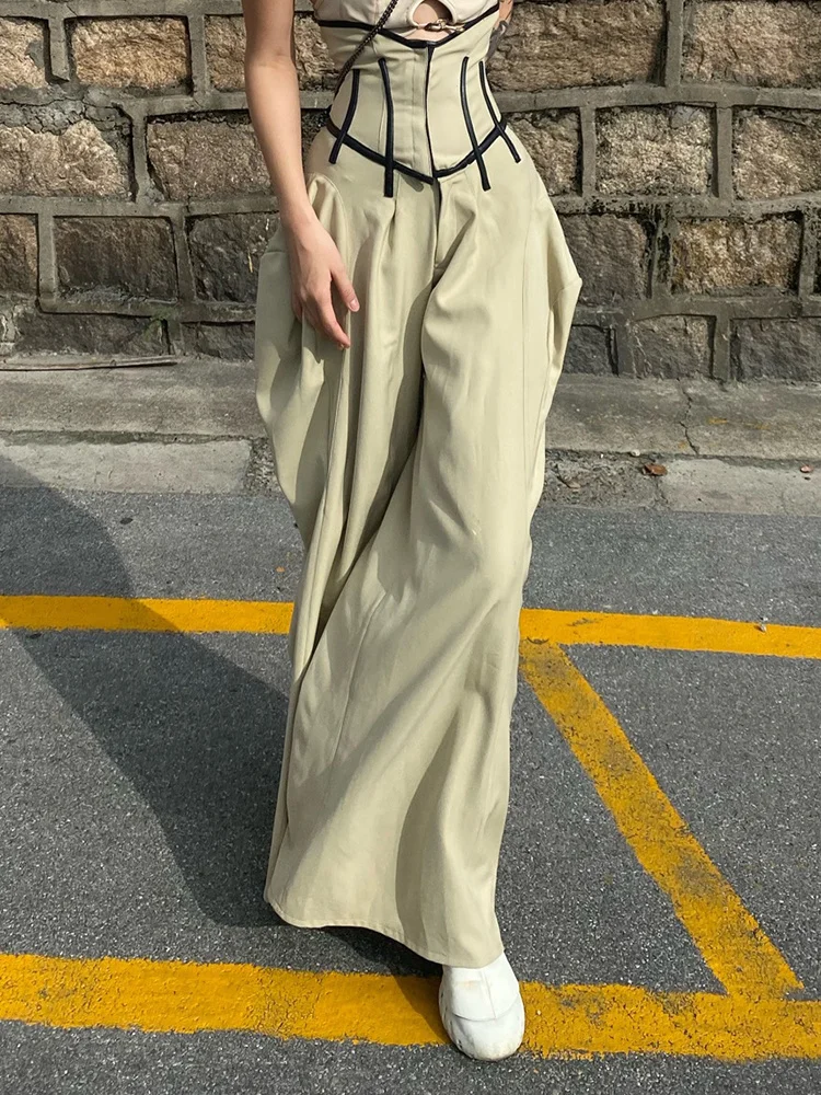 Female Fashion Clothing Style New Spring Patchwork Wide Leg Pants For Women High Waist Loose Colorblock Trousers