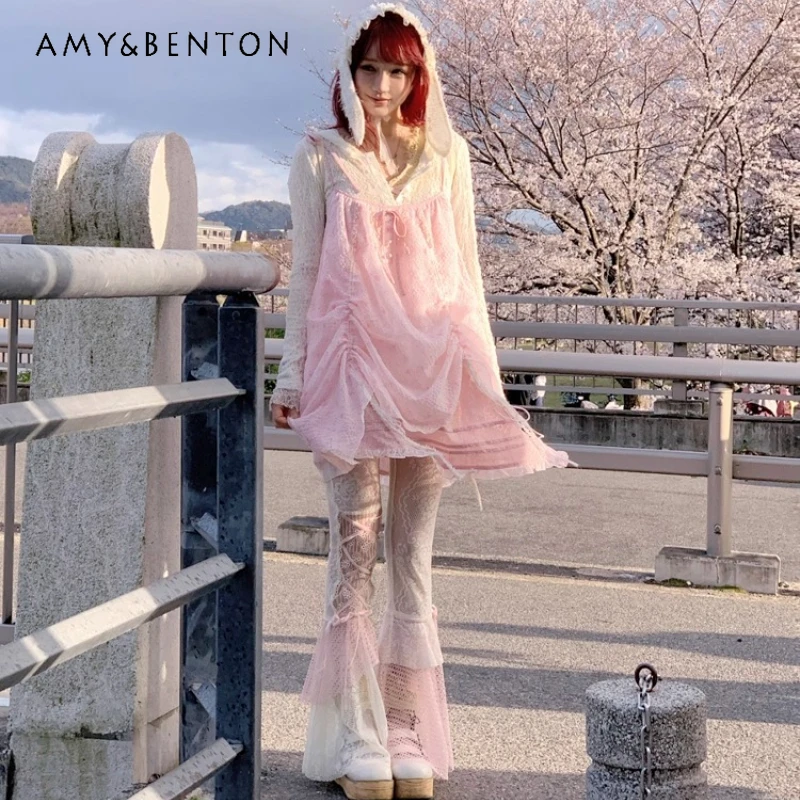

2025 Summer New Pink Irregular Splicing Lace Hollw Out Mesh Women's Long Pants Korean Sweet Cute Versatile Bell-bottoms Ladies
