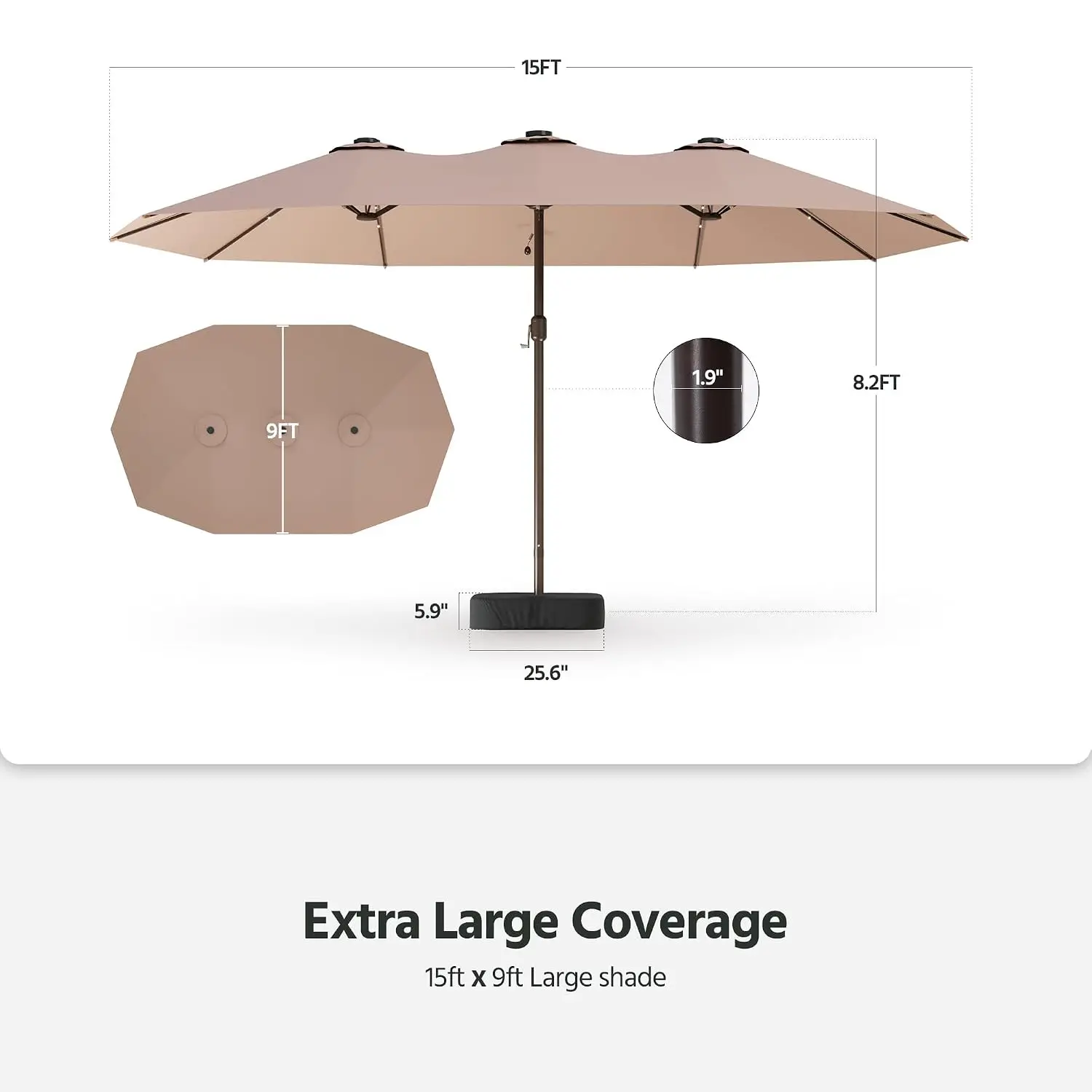 15ft Large Double Sided Patio Umbrella with Solar Lights & Base Included, Outdoor Umbrella with Fade Resistant, Customized