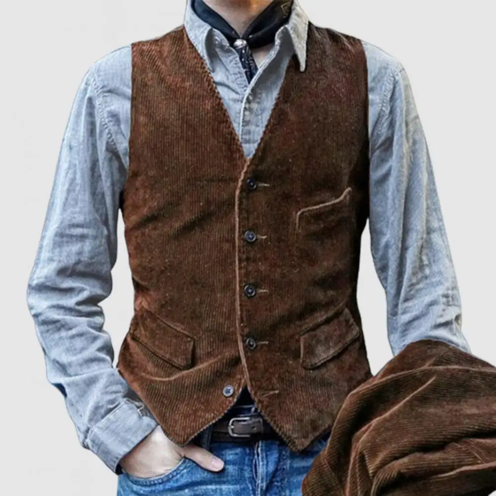 

Men Waistcoat V-Neck Sleeveless Single Breasted Vintage Men Vest Coat Solid Color Corduroy Retro Style Waistcoat with Pockets