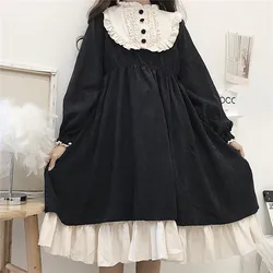 Japanese Lolita Style Women'S Dresses Spring Autumn O-Neck High Waist Slimming Contrast-Color Ruffled Sweet Dress Kawaii Clothes