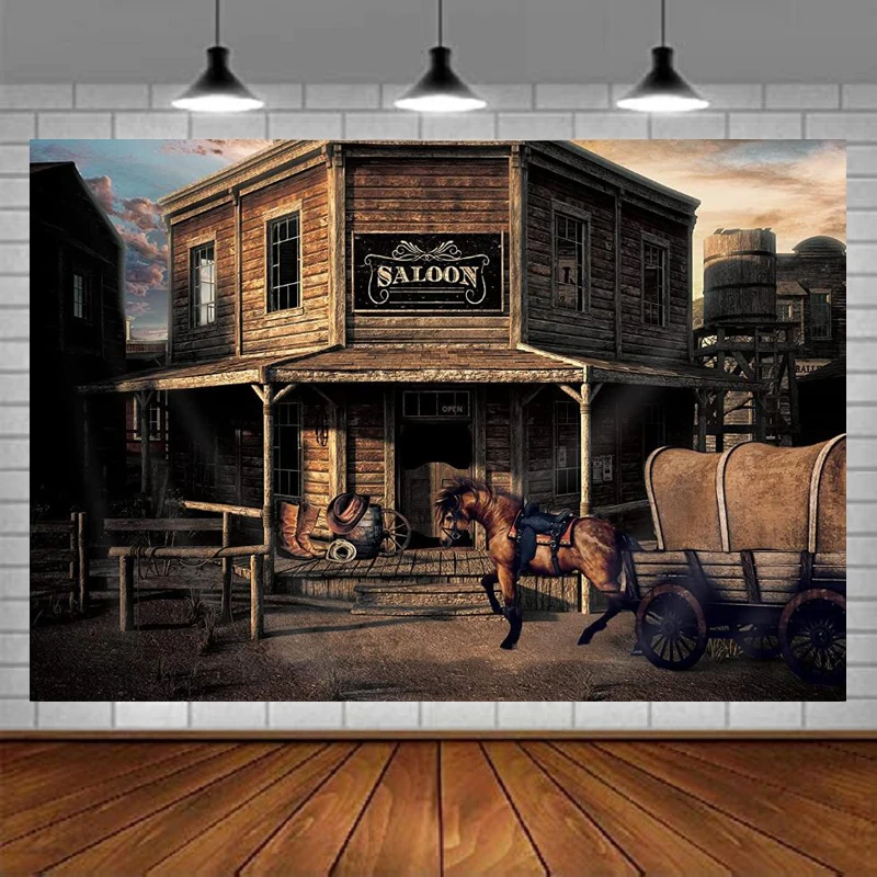 

Vintage Western Wooden House Photography Backdrop Retro Bank Horse Barn Cabin West Cowboy Boy Man Photography Background Decor