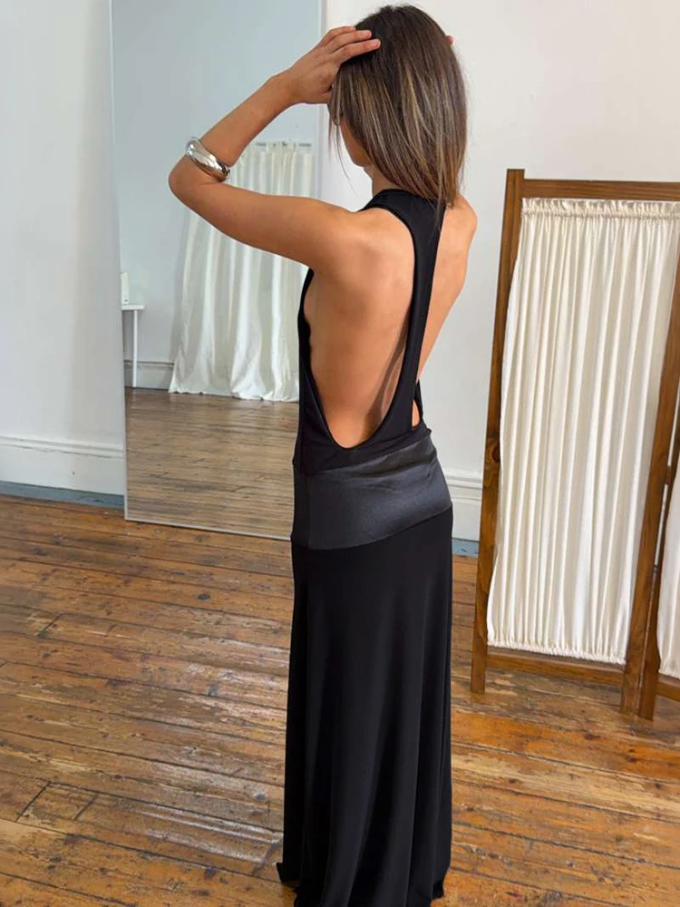 Sisterlinda Backless Elegant Dress Women Fashion Sexy Satin Patchwork Deep V-Neck Sleeveless Simple Evening Party Club Bodycon