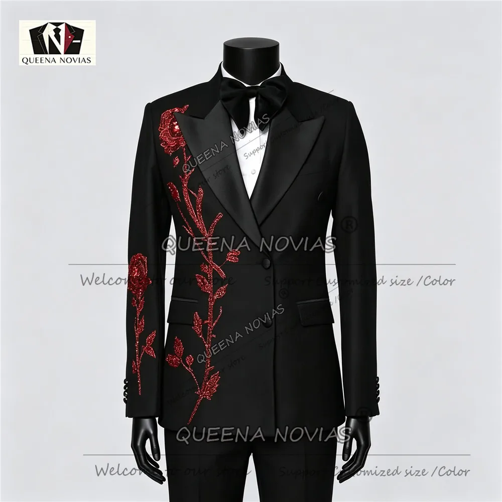 Unique Design Men's Suit 2 Pieces Red Crystals Bading Flowers Prom Blazer Pants Customized Duoble Breasted Groom Wedding Tuxedo