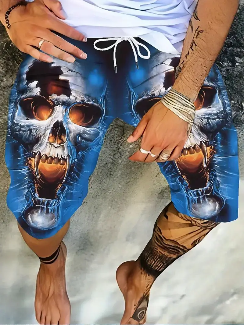 New Men\'s Summer Casual Shorts 3D Skull Print Creative Cool Street Vacation Polyester Soft BreathableBeach PantsSurfboard Shorts