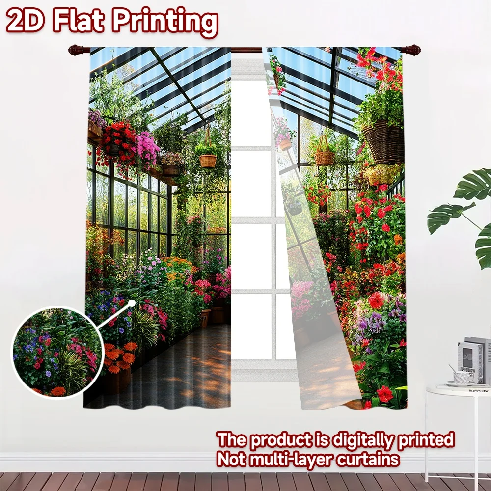 2D flat 2pcs Curtain Country Style Sunlit Flower Greenhouse Digitally printed polyester, colorfast Party & Holiday Decor Use for
