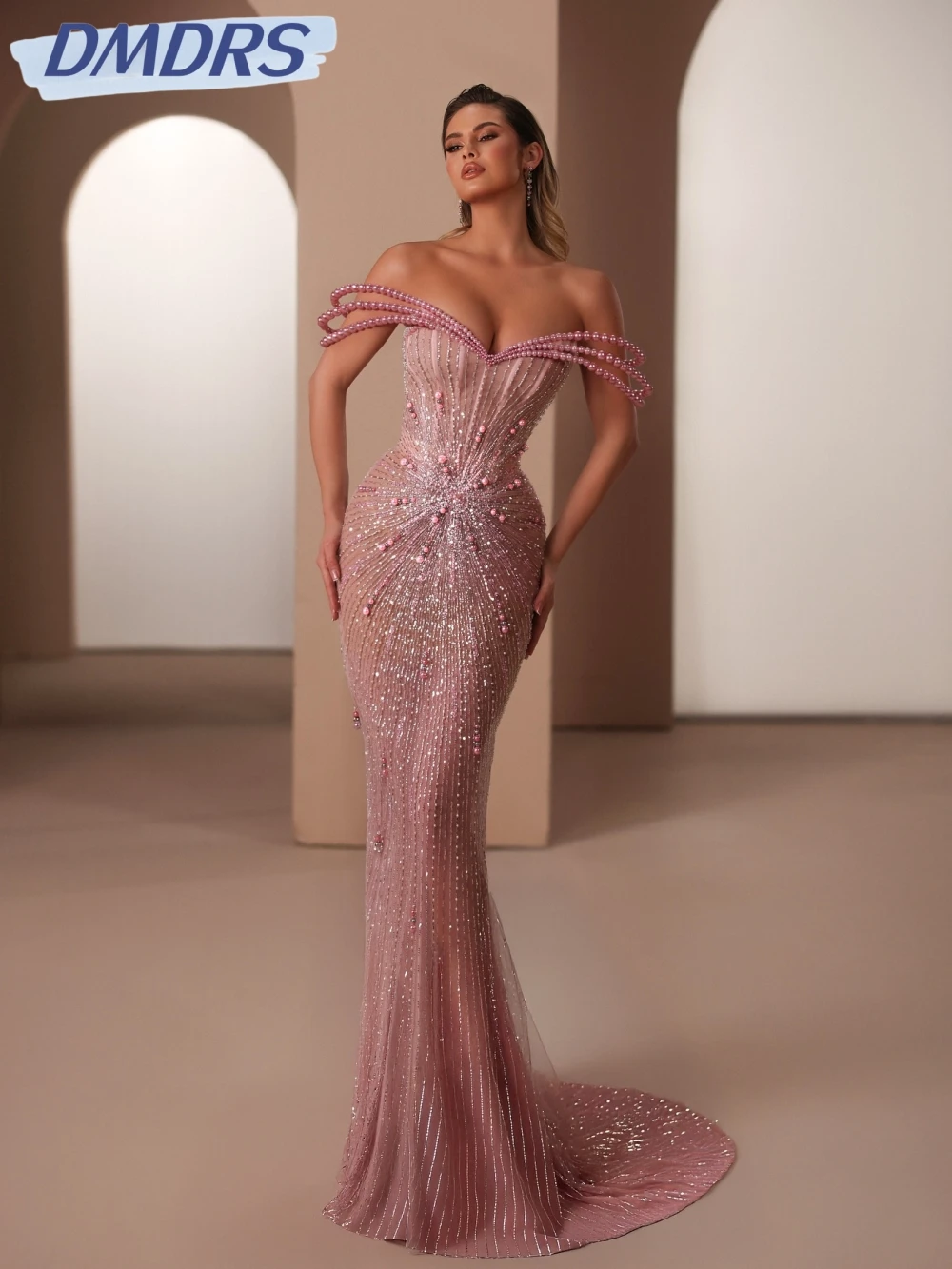 

New Arrival Beaded Mermaid Long Evening Dress Luxury Pearls Illusion Mermaid Wedding Party Gown Customized Elegant Prom Dresses