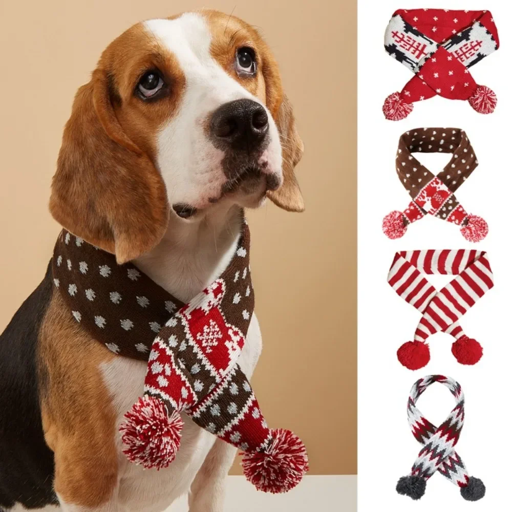 1PC Christmas Dog Scarf Knitted Elk Scarf Striped Hair Ball Pet Cat Dog Scarf Pet Christmas Supplies Dog Accessories