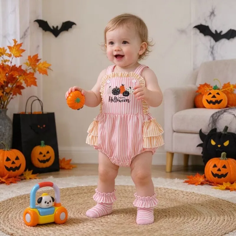 Infant Baby Halloween Romper Pink White Vertical Stripe Pumpkin Letter Print Sleeveless Jumpsuit Newborn Festival Bodysuit