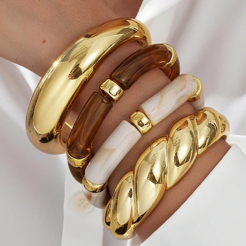 4 Pcs Resin Bamboo Bracelet Set For Women Chunky Stackable Bangle Trendy Acrylic Cuff Bracelets Party Daily Wear Jewelry Gifts