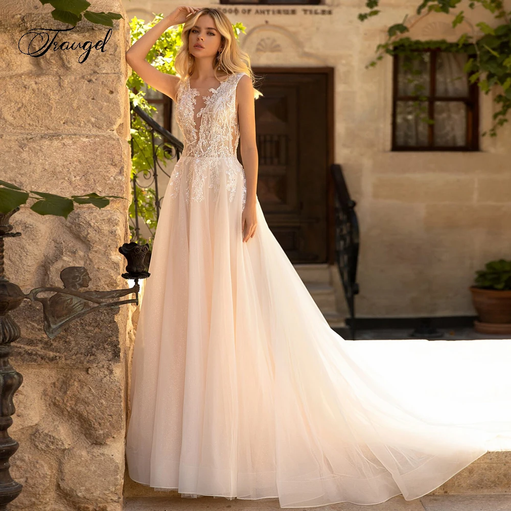 

Traugel Sexy Backless V Neck Vintage Wedding Dresses Exquisite Applique Beaded Court Train A Line Bridal Gown