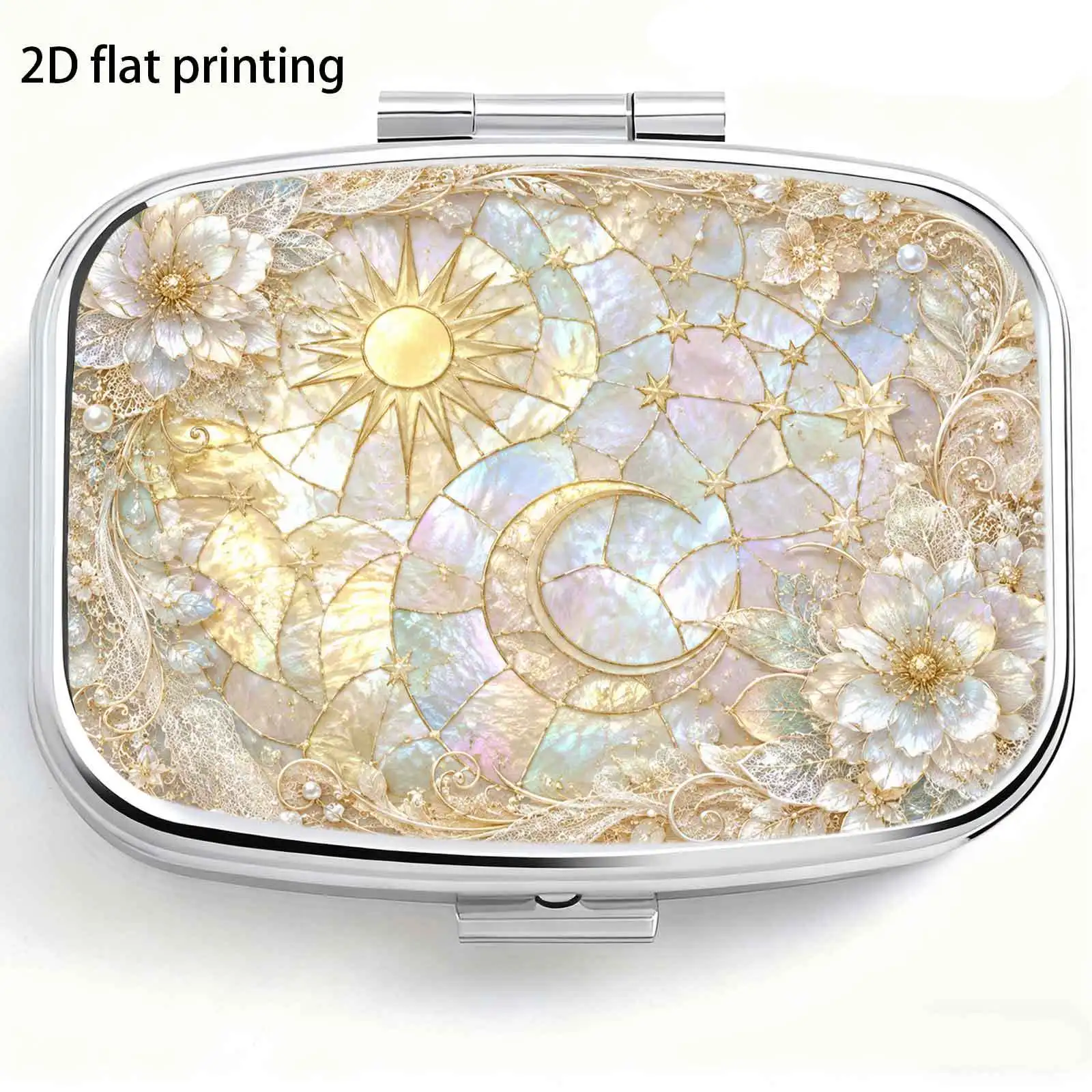 Mother-Of-Pearl Texture Floral Sun and Moon Pearl Vintage European-Style Pattern, Small Square Pill Organizer with Two Compartments, Portable Medicine Storage, Can Also Be Used as a Home Portable Organizer, Decorative Box, Perfect for Handbags, Wallets, and Travel, Metal Storage Box, Small Jewelry Organizer, Ideal for Holiday Gifts, Souvenirs, Prizes, and Small Gifts