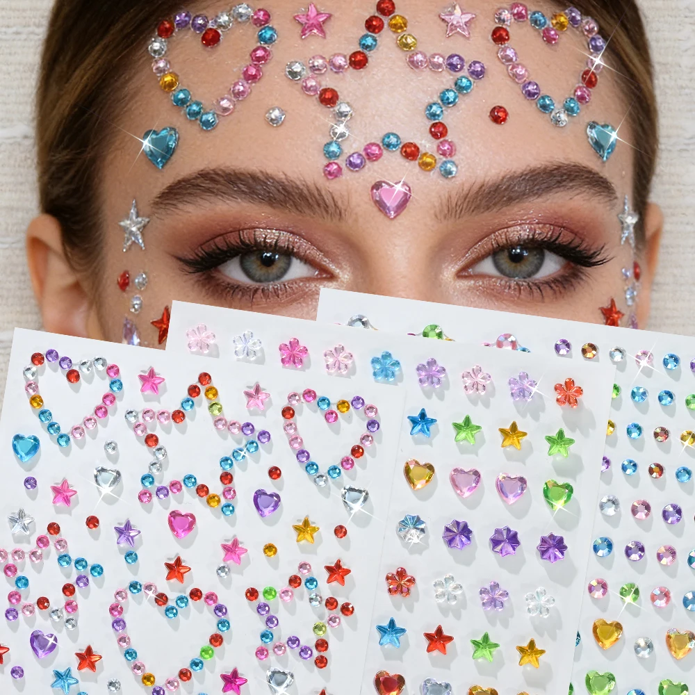 

6 Sheets Face Gems Stickers Self-Adhesive Face Jewels Diamonds Rhinestones for Eyes Body Festival Rave Party Temporary Tattoos