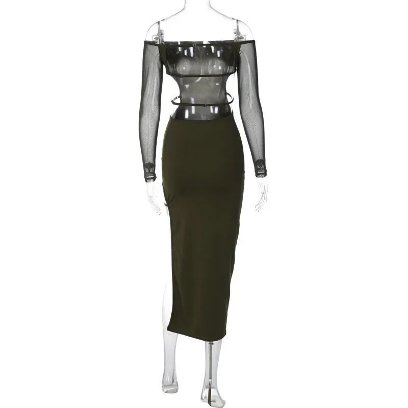 Mesh Langarm aus geschnitten rücken frei sexy Party Club Midi Split Kleid Outfits für Frauen Herbst Winter Slash Neck Bodycon Kleider