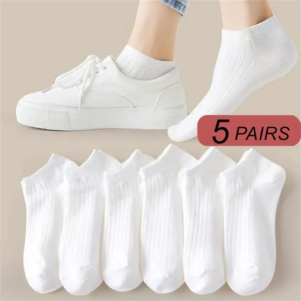 

5 Pairs/Pack Ankle Socks Women 100% Cotton Invisible Sweat-absorbing Girls Low Tube Boat Socks EU 36-42 white socks