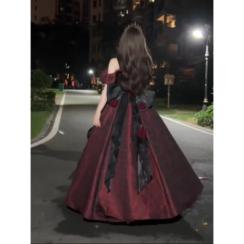 검은 색과 빨간색 로리타 여성 웨딩 드레스 우아한 화려한 공주 드레스 여성을위한 높은 허리 라인 맥시 드레스