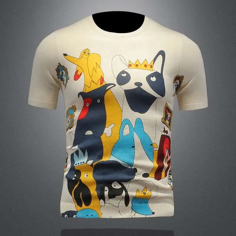 Spring Anime Patterns Knitted Short Sleeved T-shirt Men Short Sleeved Tee Shirt Homme Hot Diamond Half Sleeve Knitted Sweater