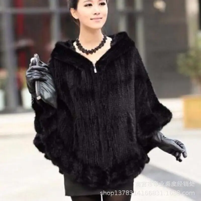 Fashion Women Shawl Winter Knitted Real Mink Fur Stole With Fur Hood Knitted Mink Pashmina  Luxurious Furry Korean black Shawl