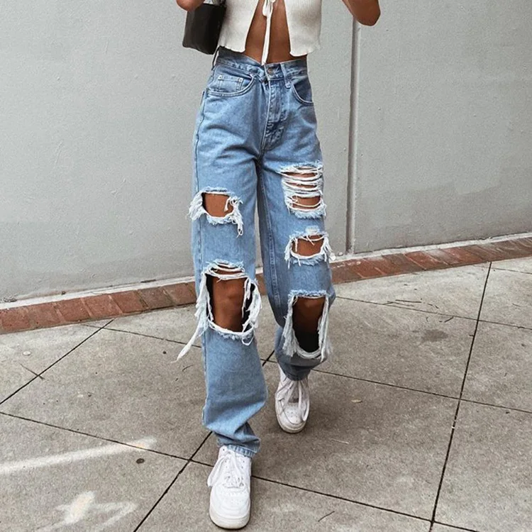 Ripped Vintage Woman's Jeans Distressed  Streetwear Hole Hip Hop High Waist Pants Fashion Straight Denim Trousers Summer Jean