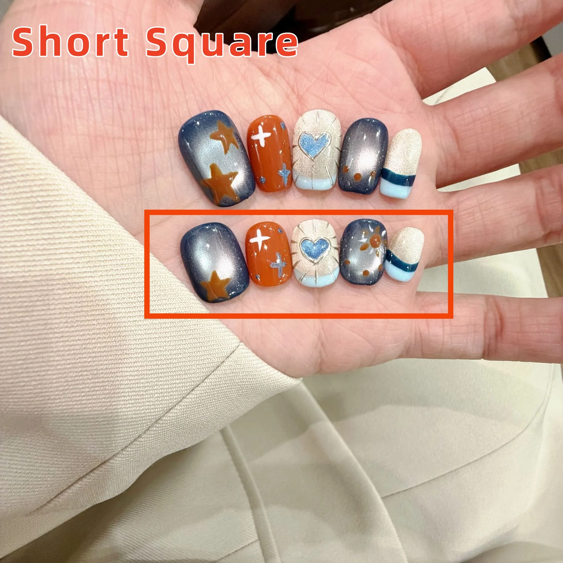 

10pcs Heart-Shaped Cat-Eye Handmade Nails 3D Embossed Stars&Polka Dots Fake Nail Short Square Press on Nail for Women&Girl