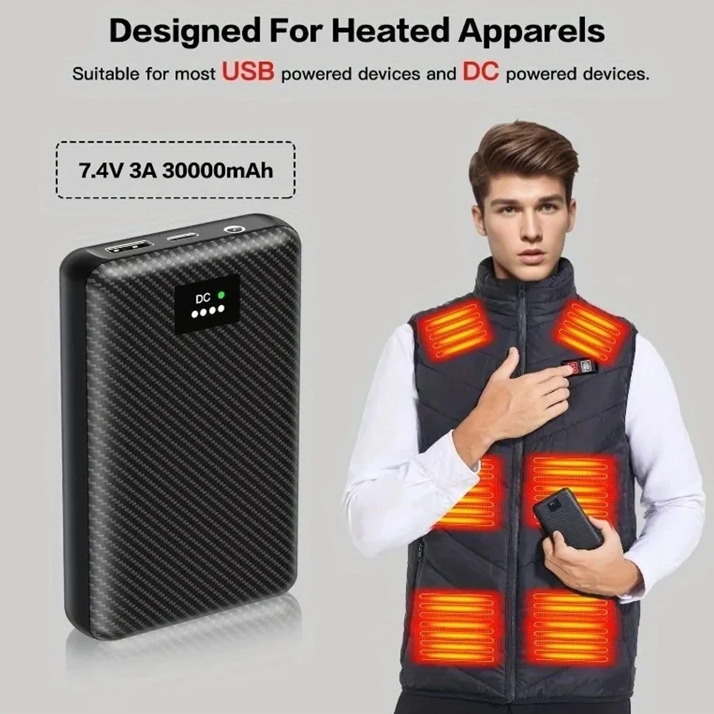 30000mAh Heating clothing External Powerbank DC 7.4V for Heated Vest Jacket Scarf Gloves Heated Trouser Battery Christmas Gift