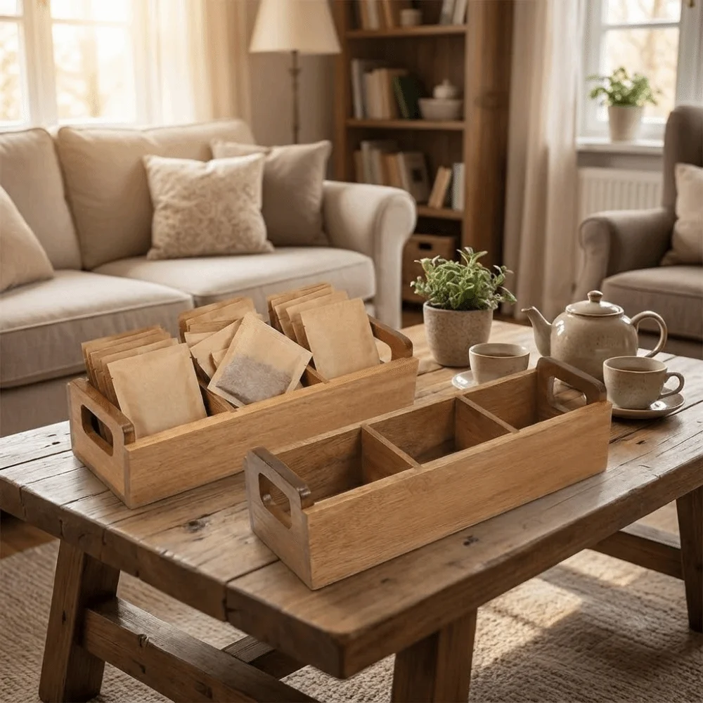 Wooden Tea Bag Storage Box 3 Slots Large Capacity Tea Bag Holder Dual Side Handles Makeup Brush Storage Box Tea Room