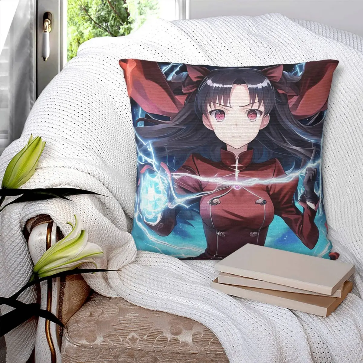 Anime Waifu Rin Tohsaka Fate Stay Night Lightning Blast Square Pillowcase Cushion Cover Pillow Case Throw Pillow Cover for Home
