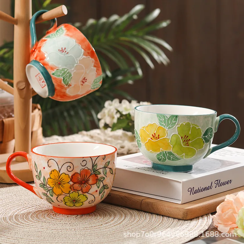 Retro Seto-yaki Chinese Style Breakfast Mug Home Use Hand-Painted Embossed Environmental protection Microwave Safe Large Cup